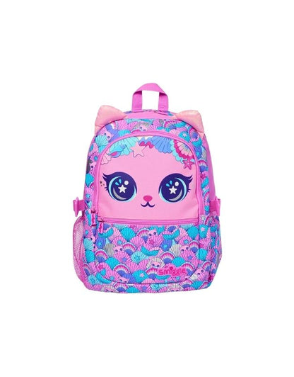 Front view of Smiggle 15-inch pink cat face attach school backpack with cat ears and patterned design.