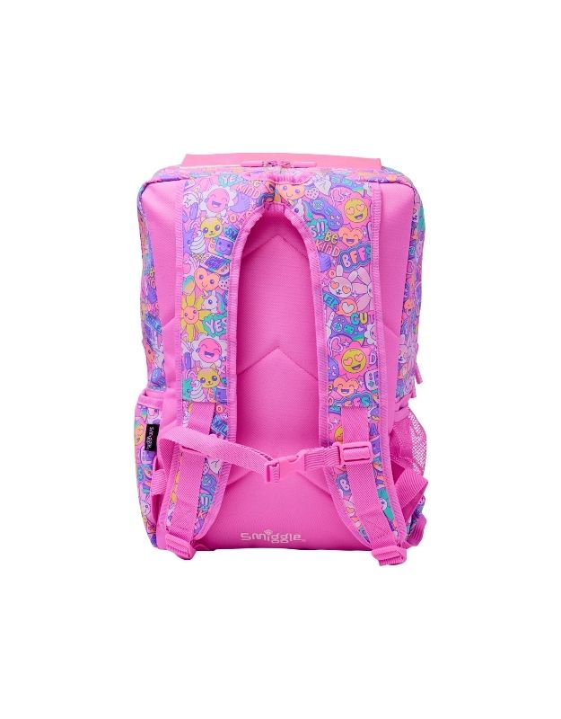 Back view of Smiggle 17.7 inch pink foldover school backpack with padded straps and smiling flowers print