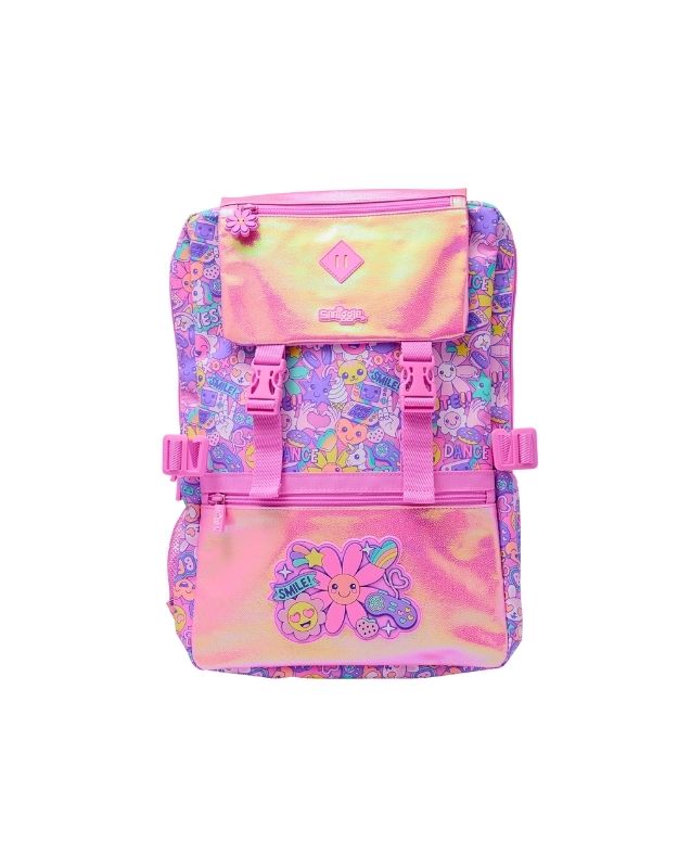 Smiggle 17.7 inch pink school backpack with foldover top and smiling flower print