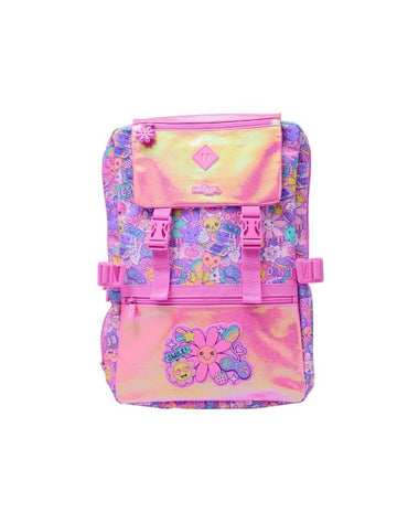 Smiggle 17.7 inch pink school backpack with foldover top and smiling flower print