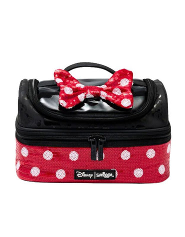 Smiggle Red Minnie Mouse Double Decker Lunchbox front view with 3D bow and polka dots