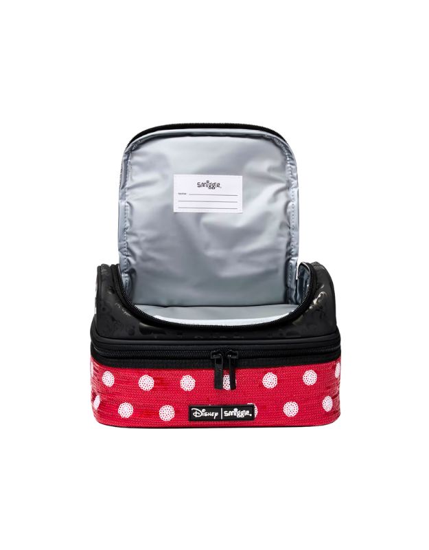 Smiggle Red Minnie Mouse Double Decker Lunchbox open view with insulated top compartment