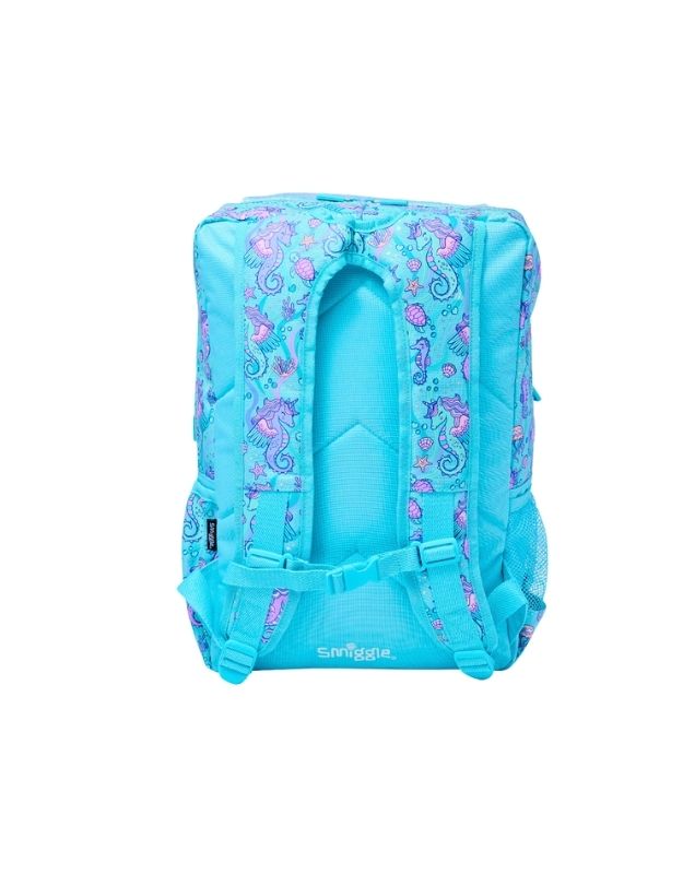 Back view of Smiggle 17.7 inch foldover seahorse backpack with padded adjustable straps and pastel blue design