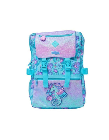 Smiggle 17.7 inch foldover school backpack with seahorse design, glitter finish, and multiple compartments