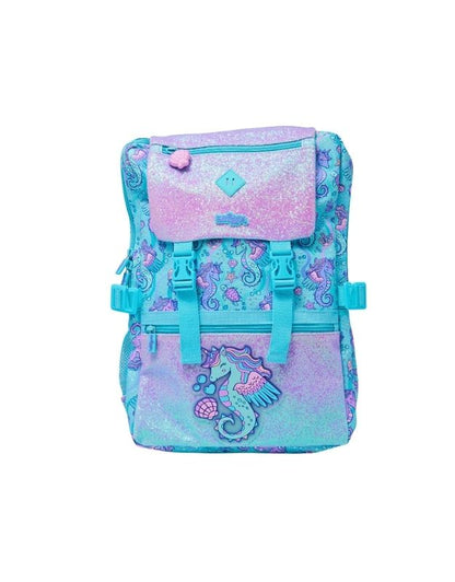 Smiggle 17.7 inch foldover school backpack with seahorse design, glitter finish, and multiple compartments