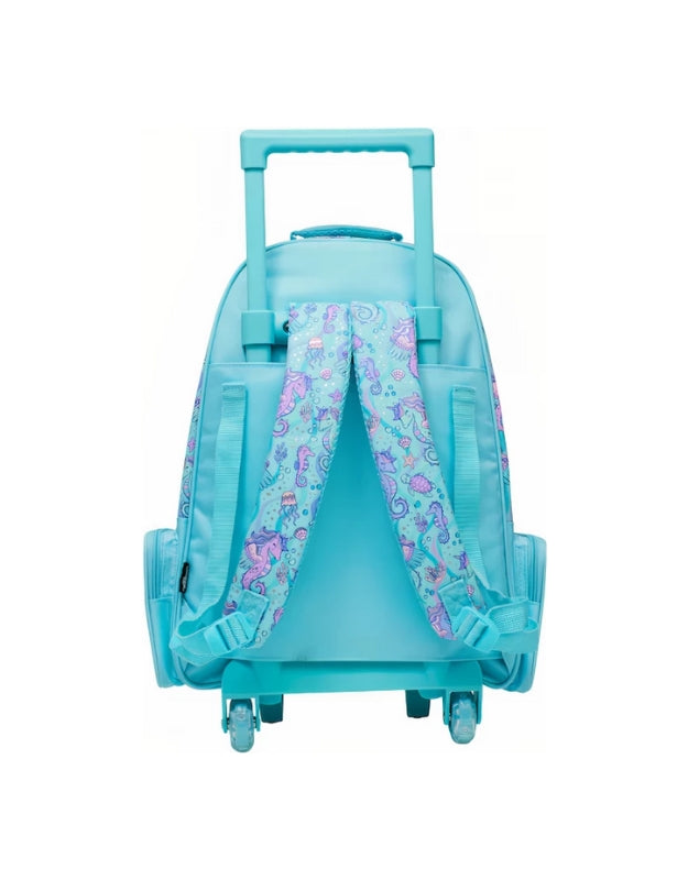 Back view of Smiggle Seahorse Unicorn trolley backpack showing adjustable padded straps and wheels