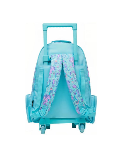 Back view of Smiggle Seahorse Unicorn trolley backpack showing adjustable padded straps and wheels