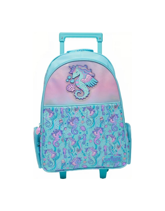 Smiggle Seahorse Unicorn trolley backpack front design with seahorse print and light up wheels