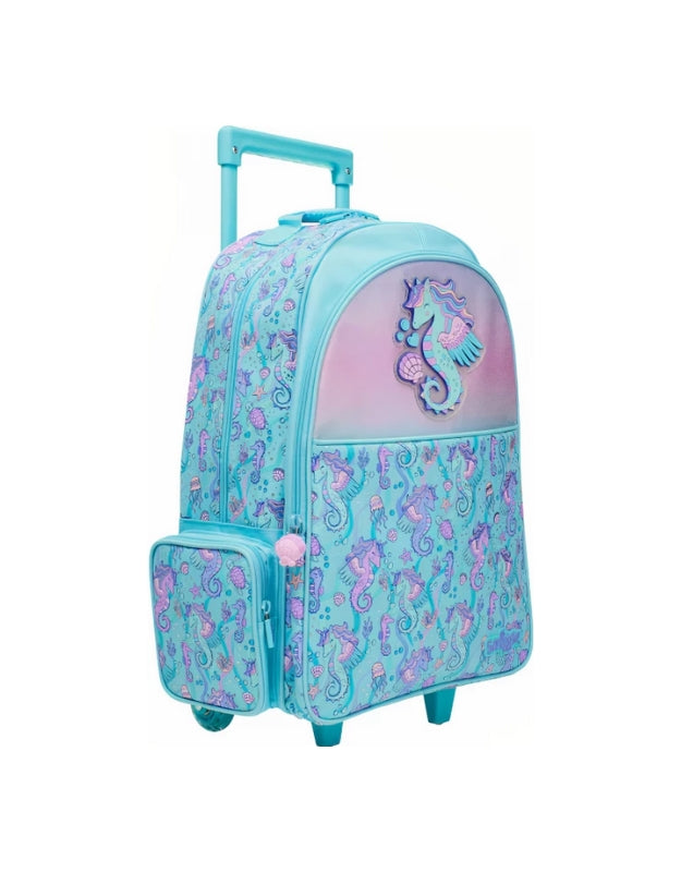 Smiggle Seahorse Unicorn trolley school backpack side view with extendable handle and front pocket
