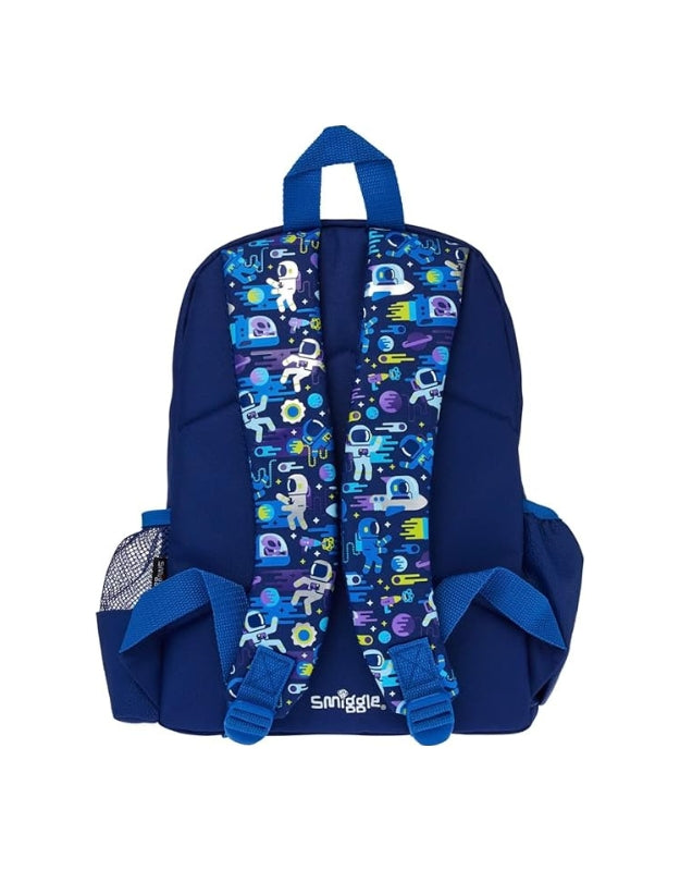 Back view of Smiggle small backpack with astronaut and space-themed design
