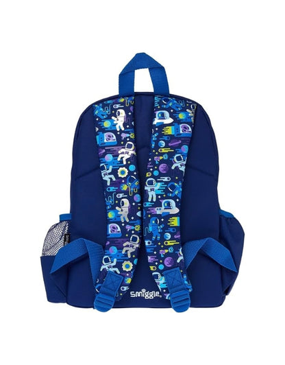 Back view of Smiggle small backpack with astronaut and space-themed design