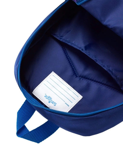 Inside view of Smiggle small backpack space astronaut design showing name tag pocket.