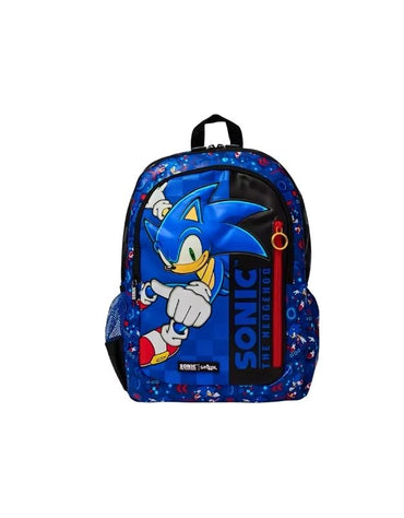 Smiggle 15-inch Sonic The Hedgehog Classic School Backpack front view, blue with Sonic design