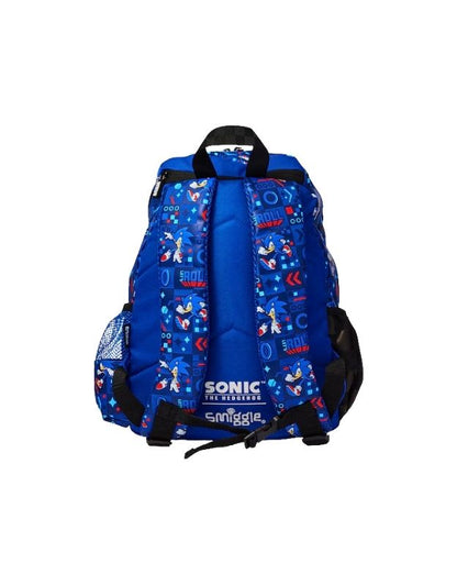 Back view of Smiggle Sonic The Hedgehog junior hoodie backpack showing padded straps and Sonic pattern