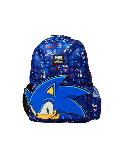 Front view of Smiggle 15" Sonic The Hedgehog junior hoodie backpack in blue with Sonic graphic.