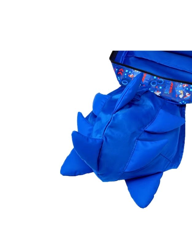 Blue Sonic character hood detail on Smiggle Sonic The Hedgehog junior hoodie backpack.