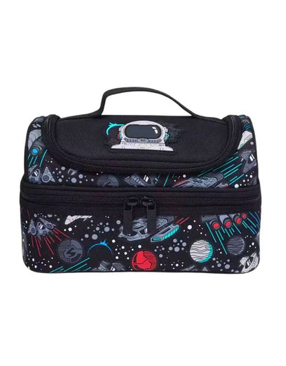 Smiggle Space Astronaut Double Decker Lunchbox front view with planets and spaceships design