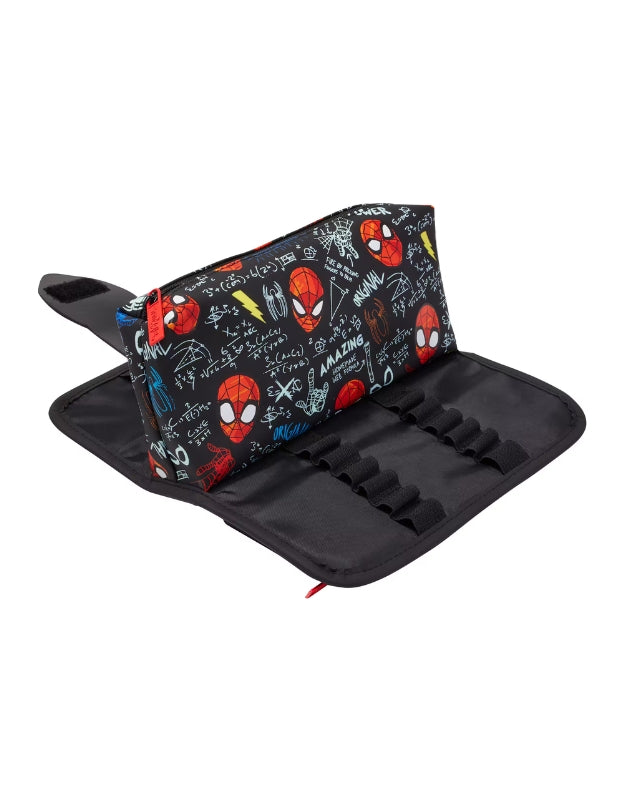 Open Smiggle Spider-Man utility pencil case showing organized interior with elastic slots and zip pouch