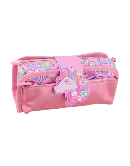 Smiggle unicorn pencil case in pink shown from front angle with unicorn tag and floral design