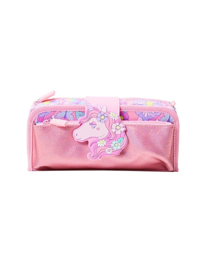 Front view of the Smiggle unicorn pencil case with pink shimmer finish and unicorn badge