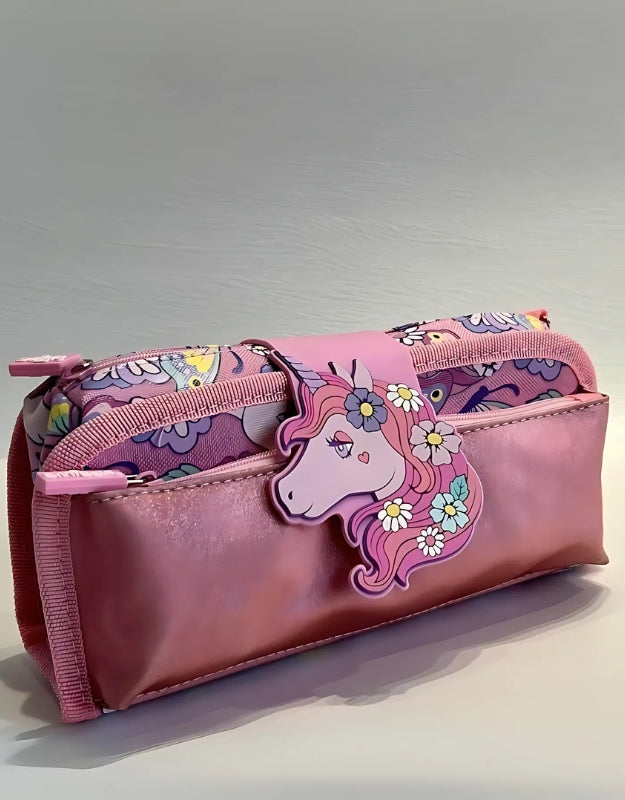 Smiggle unicorn pencil case photographed under natural lighting, highlighting shimmer and design.