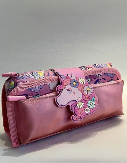 Smiggle unicorn pencil case photographed under natural lighting, highlighting shimmer and design.