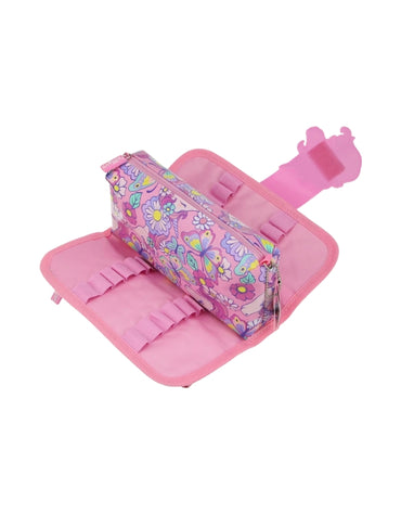 Interior of the Smiggle unicorn pencil case open to reveal compartments and elastic pen holders