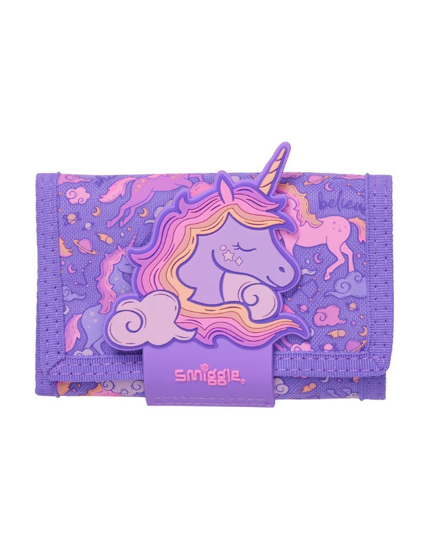 Smiggle Unicorn Pink Wallet with 3D unicorn design and purple background