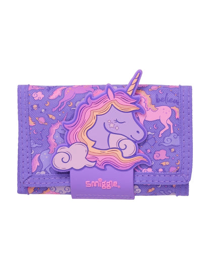 Smiggle Unicorn Pink Wallet with 3D unicorn design and purple background
