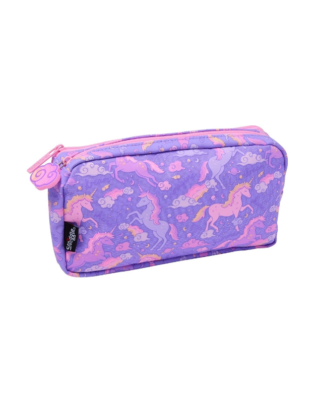 Back view of Smiggle Unicorn pocket pencil case with purple and pink unicorn pattern
