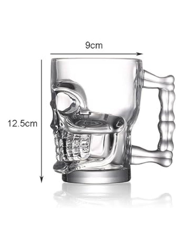 Glass skull mug with measurements on a white background