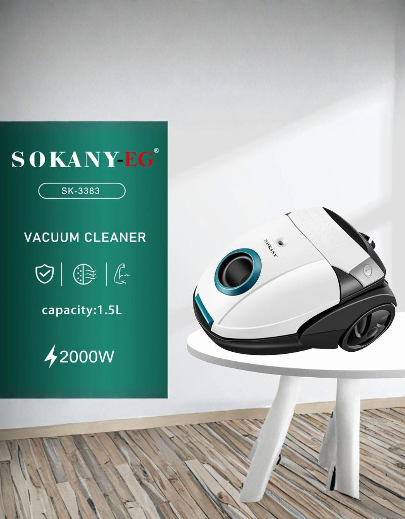 Sokany Vacuum Cleaner White Super Suction 1.5L 2000W displayed on table with specification