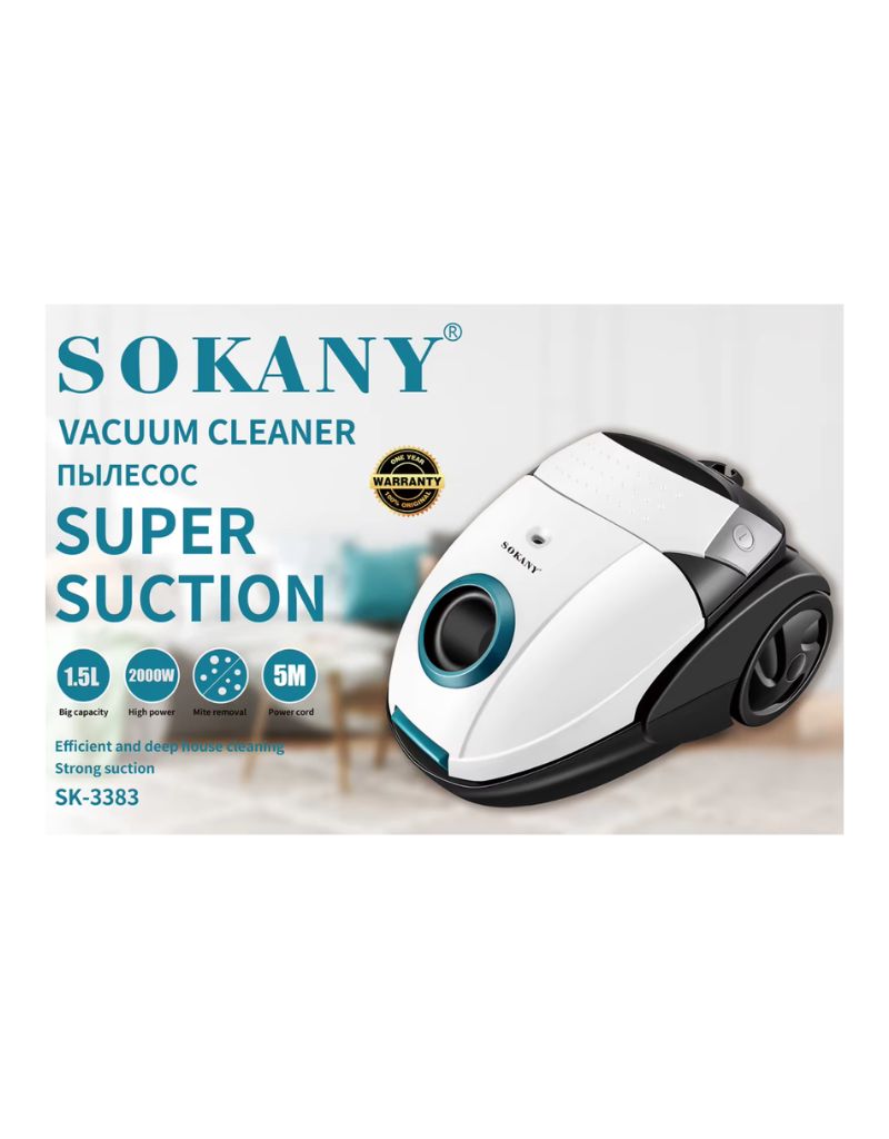 Sokany Vacuum Cleaner White Super Suction 1.5L 2000W product box showing features