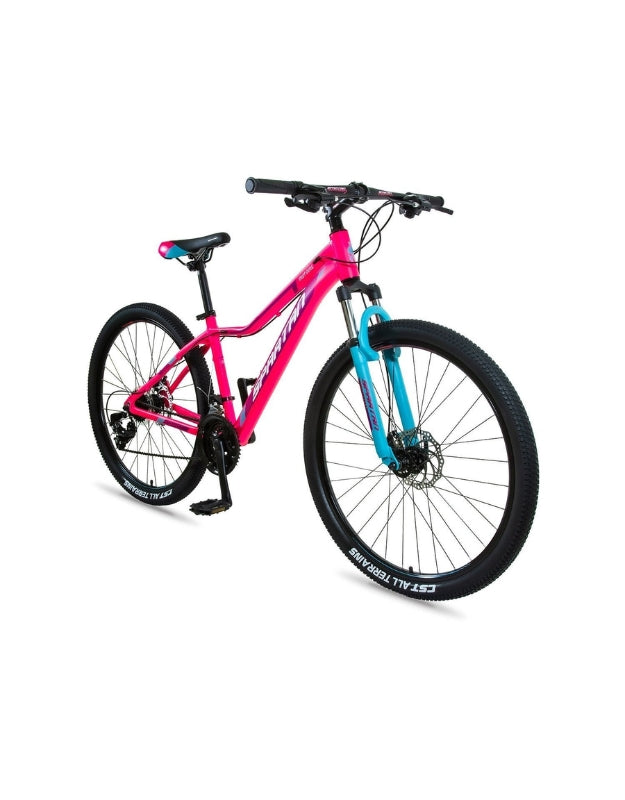 Spartan 27.5-inch Moraine MTB alloy pink mountain bike with blue suspension fork, angled front view.