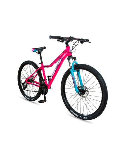 Spartan 27.5-inch Moraine MTB alloy pink mountain bike with blue suspension fork, angled front view.