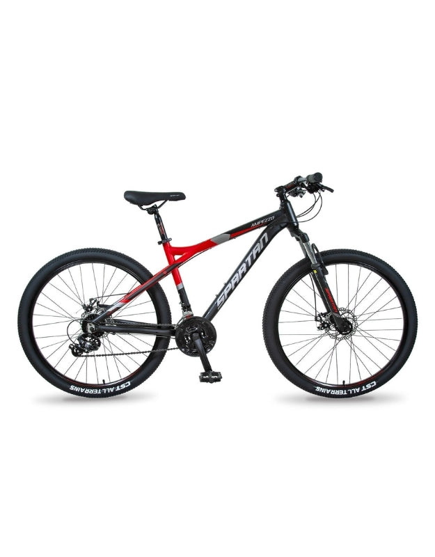 Close-up of the front of the Spartan mountain bike, showing the handlebars and disc brakes.
