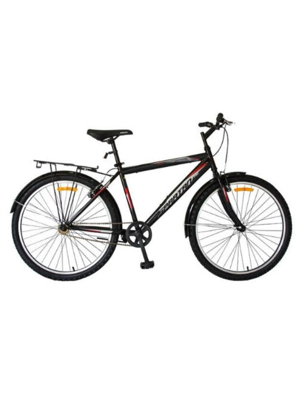 Close-up of the front disc brake and wheel of the black Spartan commuter mountain bike.
