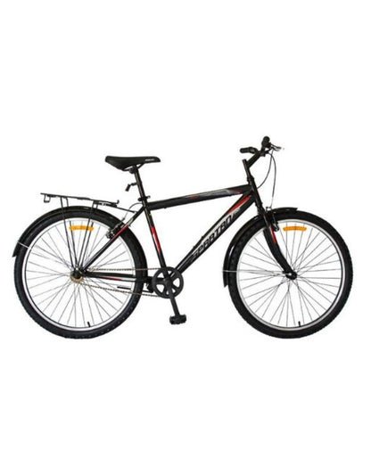 Close-up of the front disc brake and wheel of the black Spartan commuter mountain bike.
