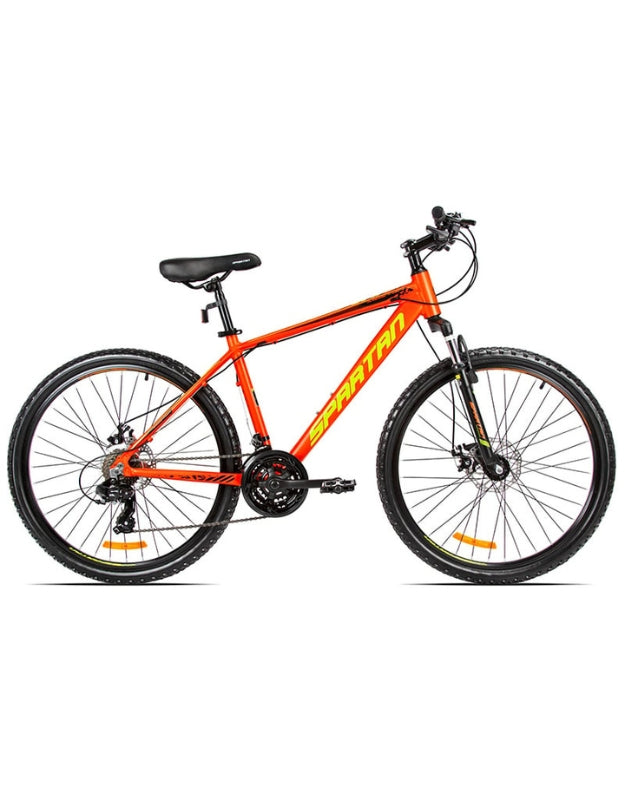 Close-up of the front wheel and suspension of the satin orange Spartan mountain bike