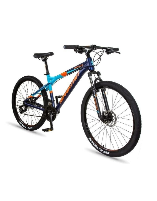 Side view of the blue and black Spartan 27.5-inch alloy mountain bicycle.
