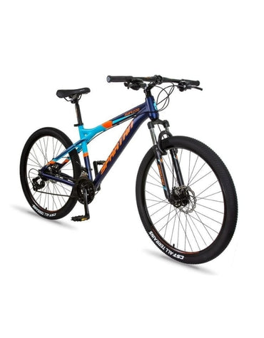 Side view of the blue and black Spartan 27.5-inch alloy mountain bicycle.
