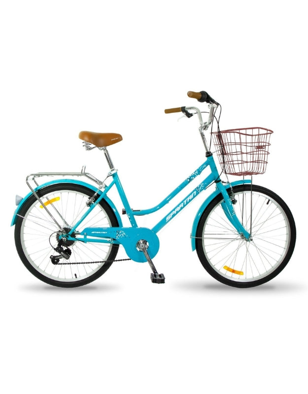 Close-up of the front of the teal Spartan vintage bicycle, showing the basket, bell, and handlebars