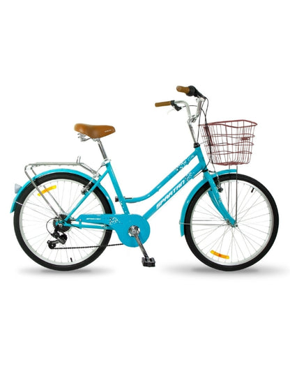 Close-up of the front of the teal Spartan vintage bicycle, showing the basket, bell, and handlebars