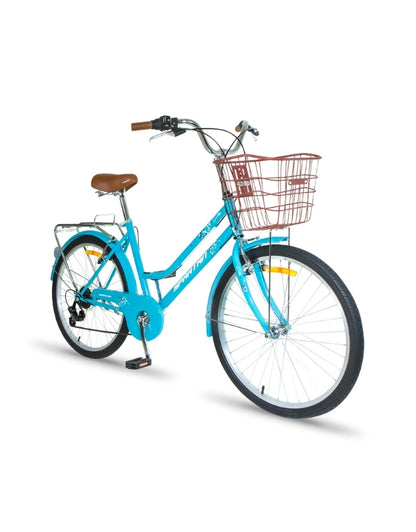 A side view of the Spartan 24-inch Vintage women's bicycle in teal with a rear luggage rack.
