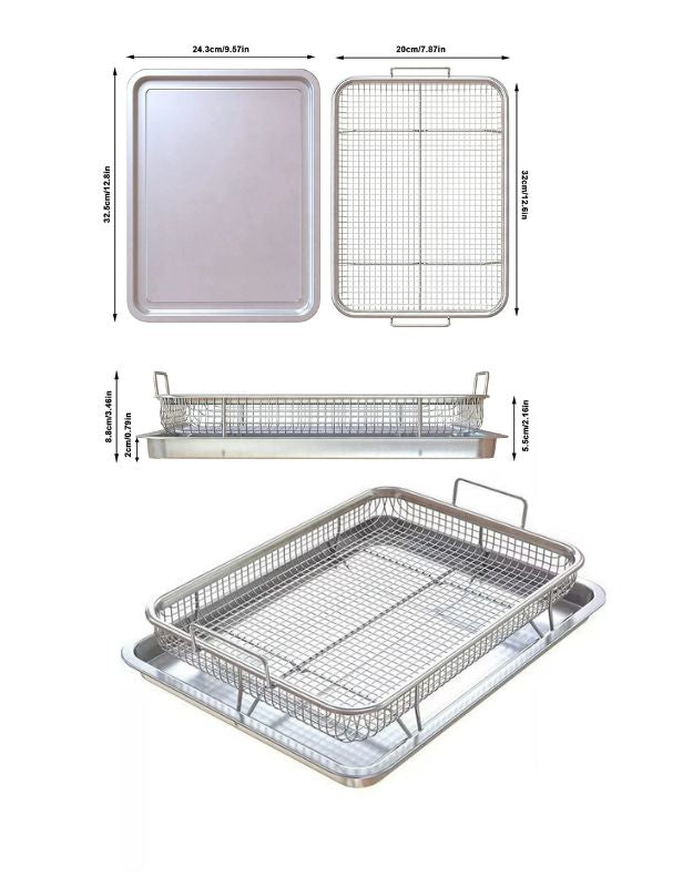 Dimensions and side view of stainless steel air fryer tray and mesh basket set – ideal for oven baking and crisping