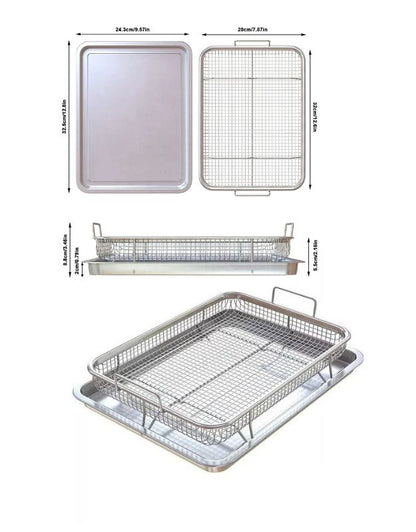 Dimensions and side view of stainless steel air fryer tray and mesh basket set – ideal for oven baking and crisping