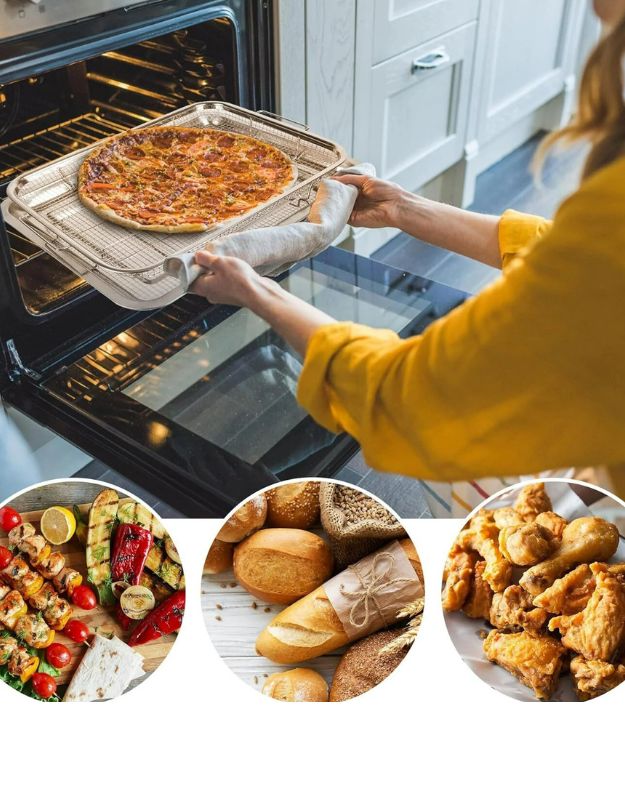 Woman placing stainless steel tray and crisper basket with pizza into the oven, with images of grilled vegetables, bread, and fried chicken below
