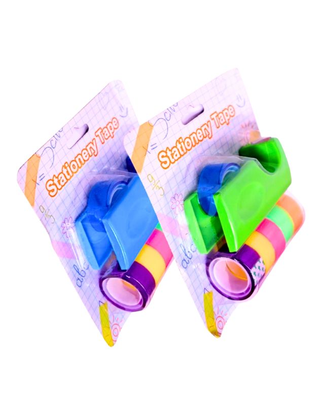 Packaged stationery tape set with blue and green tape dispensers and colorful tapes.