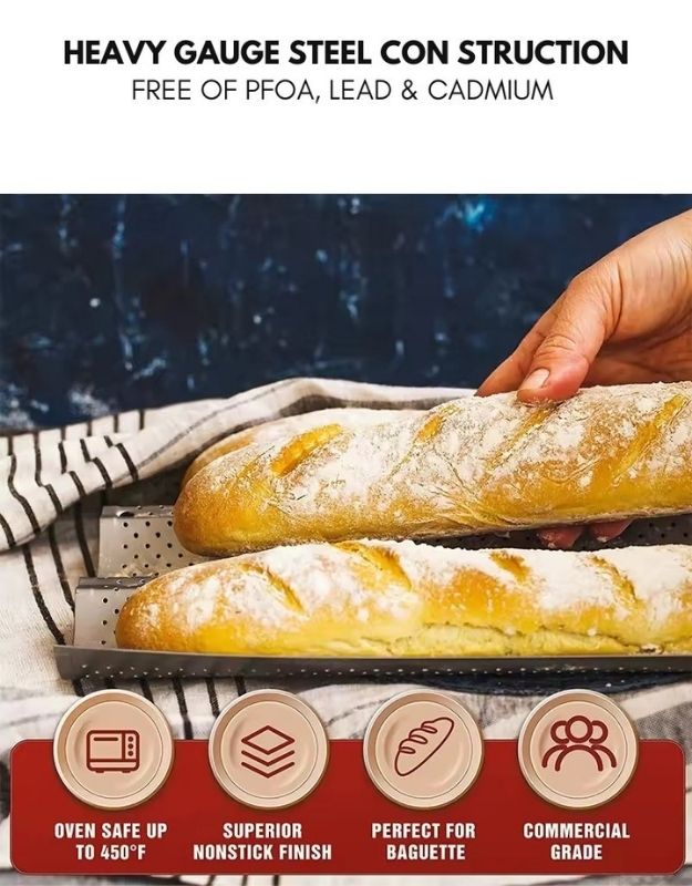Baguettes on a pan with a hand holding one, against a dark background, featuring text about heavy gauge steel construction and safety features. Heavy gauge steel baguette baking tray nonstick oven safe.