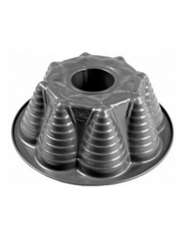 Metal bundt cake pan on a white background. Steel bundt cake pan with cone-shaped fluted pattern.